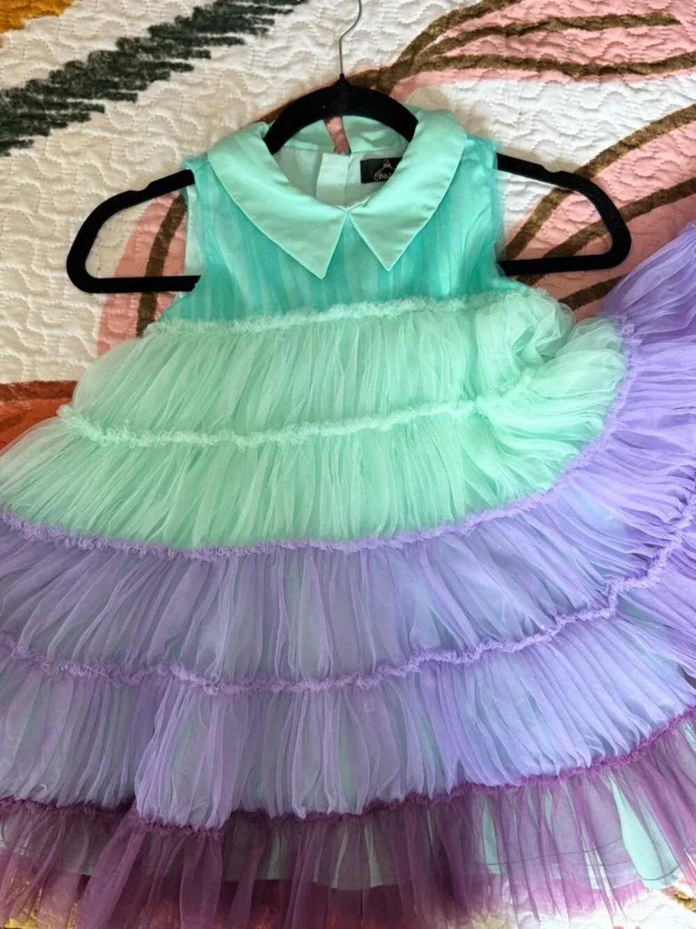 Italian Boutique Girls Colorblock Tulle Tiered Dress Peter Pan Collar Size 5-6